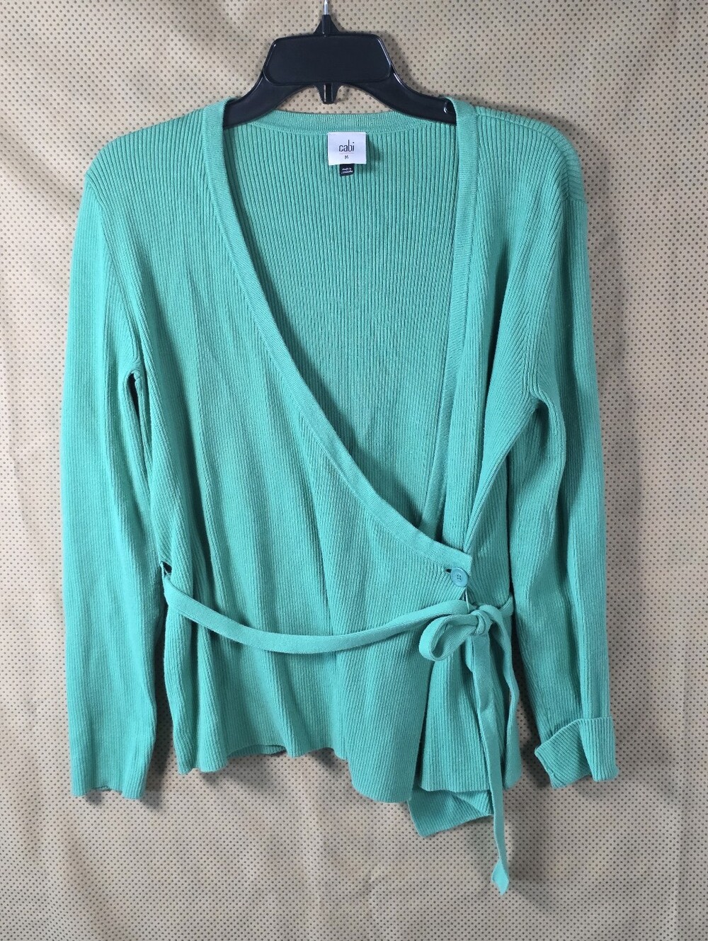 Cabi Green Wrap Cardigan Sweater Size M Cotton Blend Belted Ribbed Knit